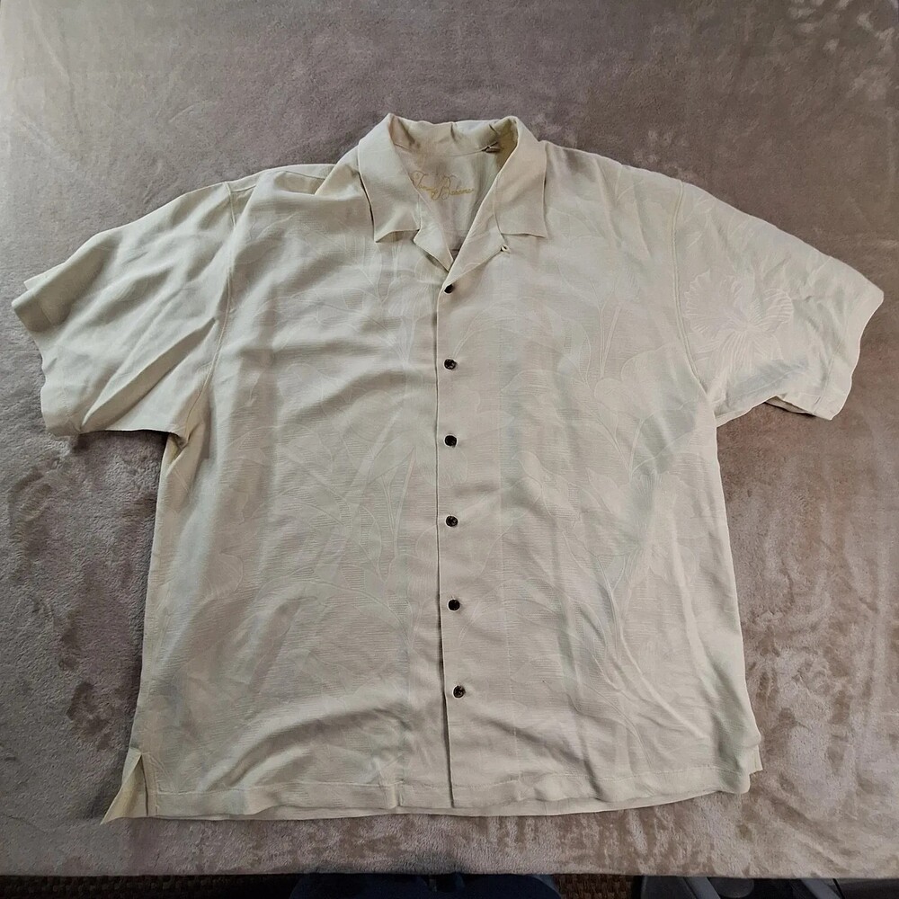 Tommy Bahama Shirt Mens 2XL White Silk Hawaiian Floral Short Sleeve Button Up